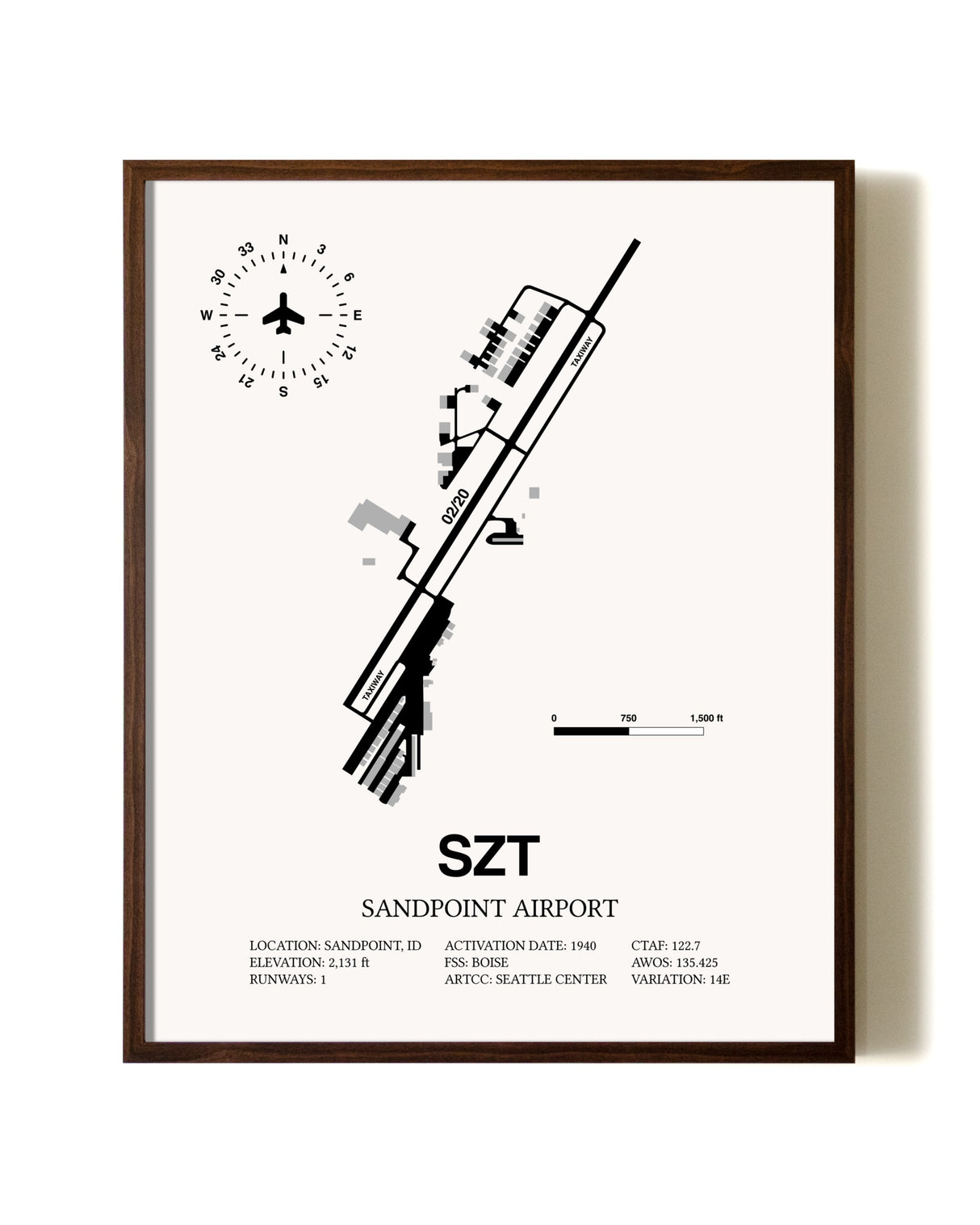 Sandpoint Airport aviation print in walnut frame