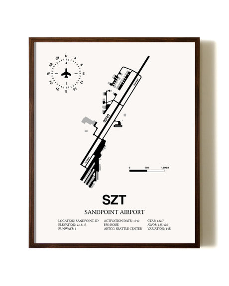 Sandpoint Airport aviation print in walnut frame