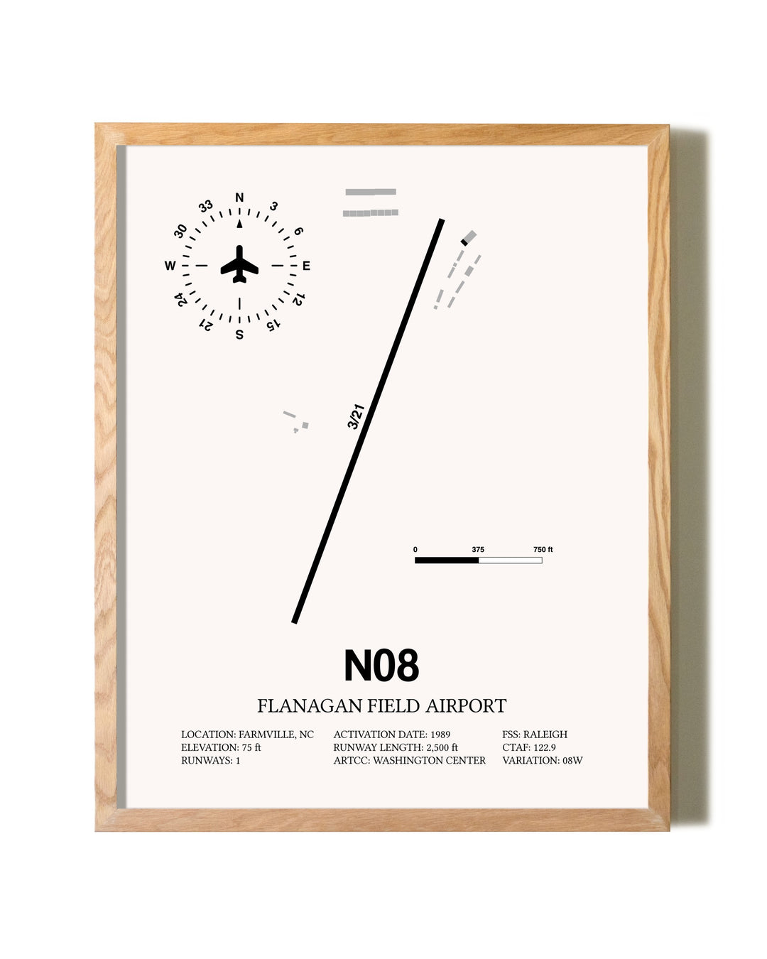 Flanagan Field Airport framed print in natural wood frame