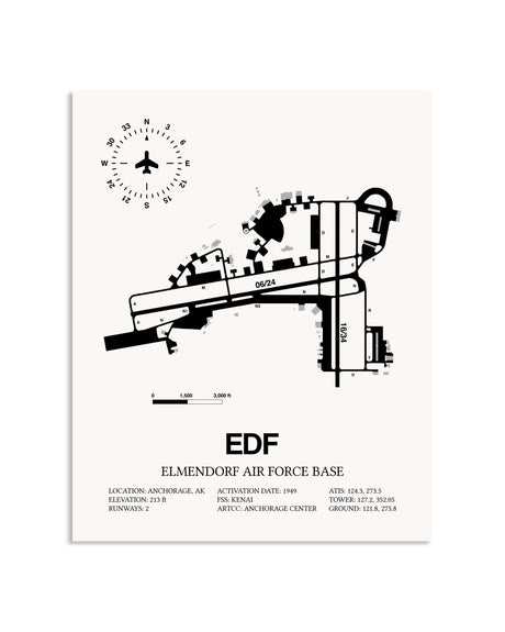 Gray Elmendorf Air Force Base framed poster displayed in an airplane hangar