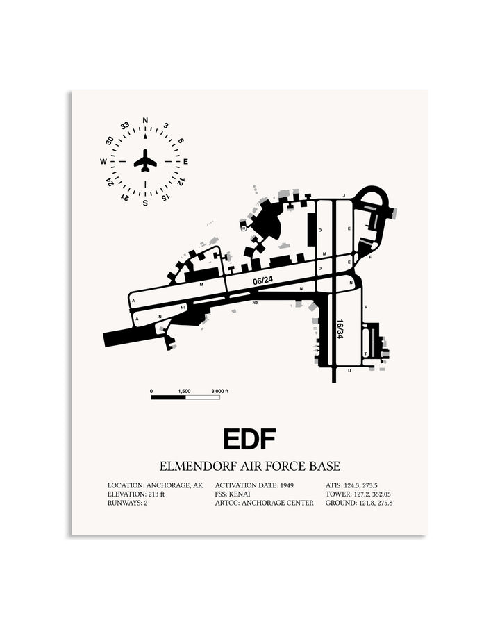 Gray Elmendorf Air Force Base framed poster displayed in an airplane hangar