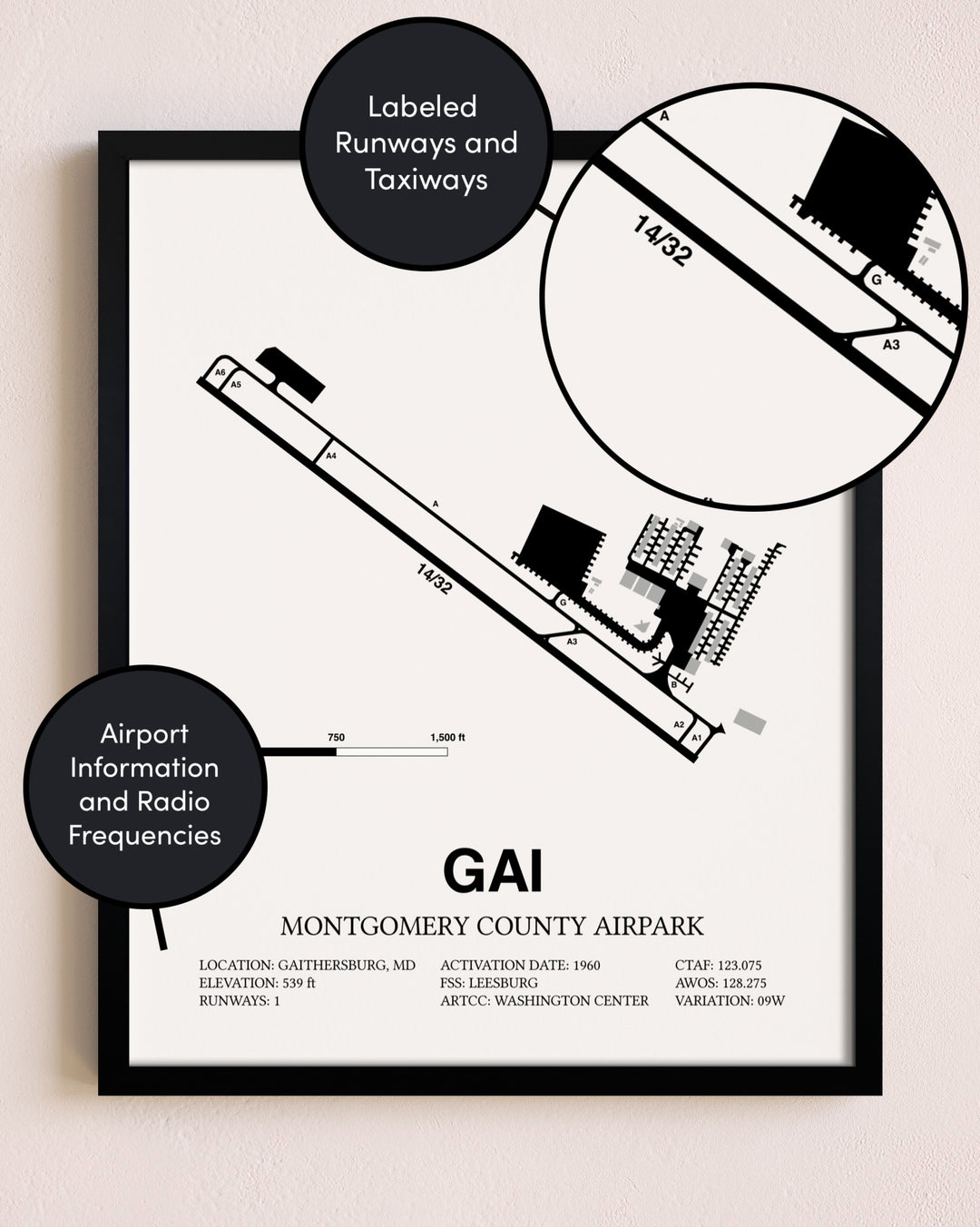 Framed Montgomery County Airpark layout wall art poster
