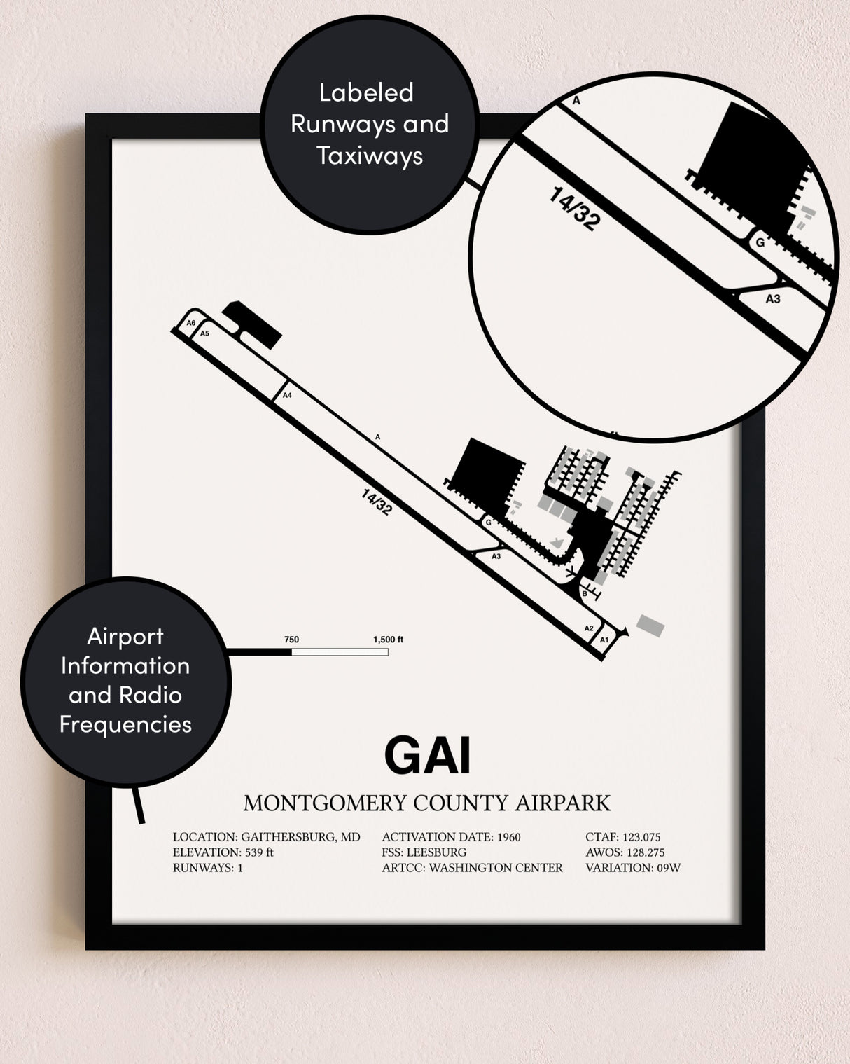 Framed Montgomery County Airpark layout wall art poster