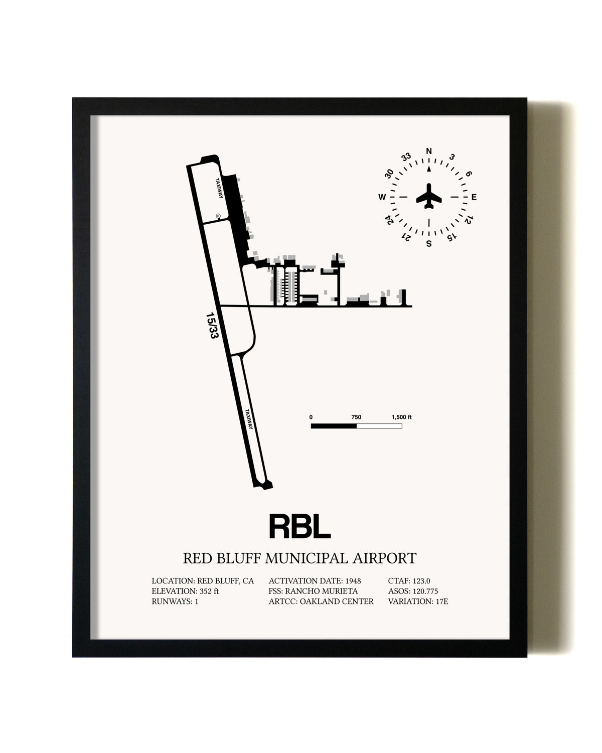 Framed Red Bluff Municipal Airport wall art poster in black frame