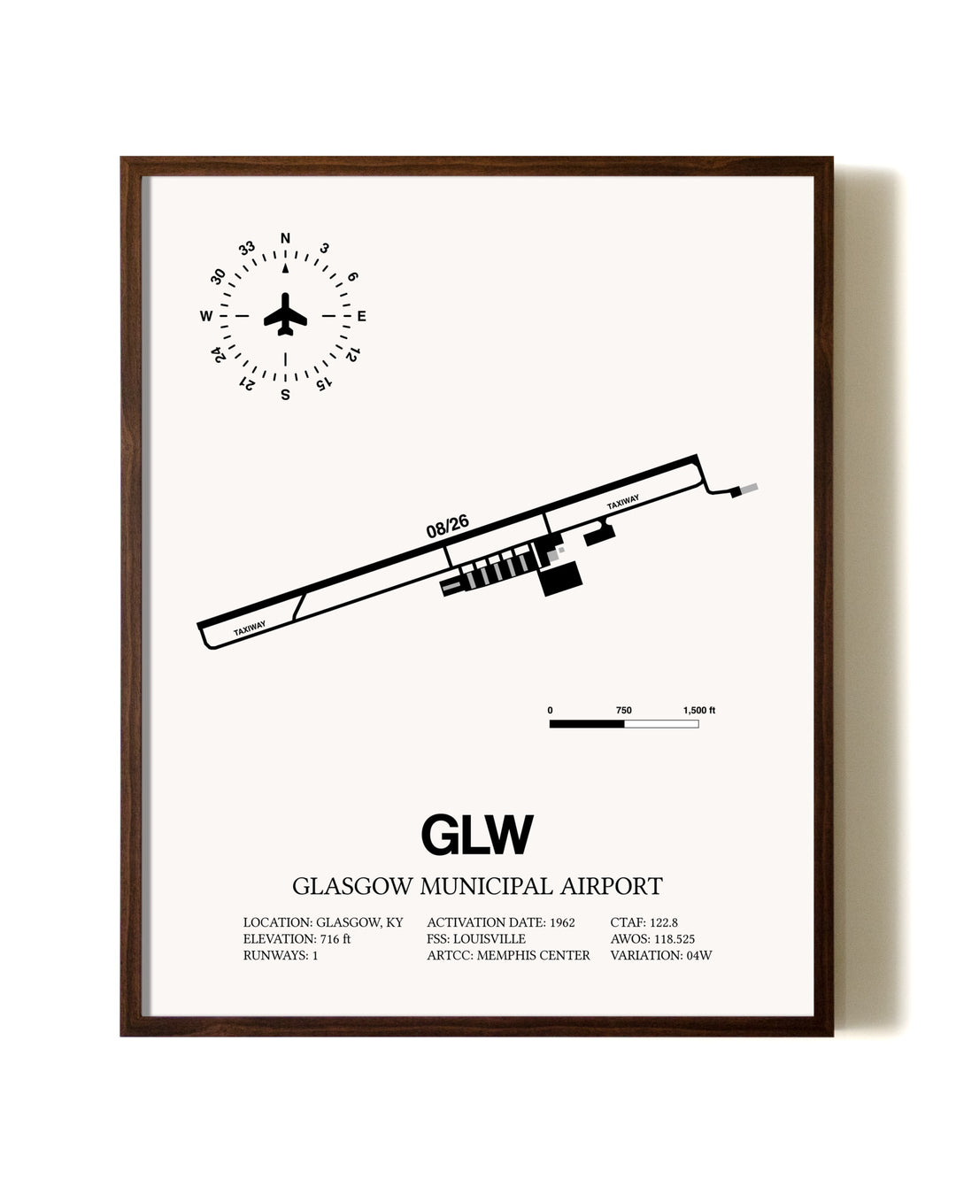 Glasgow Municipal Airport aviation print in walnut frame