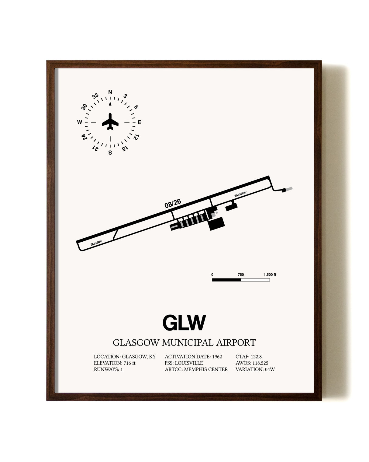 Glasgow Municipal Airport aviation print in walnut frame