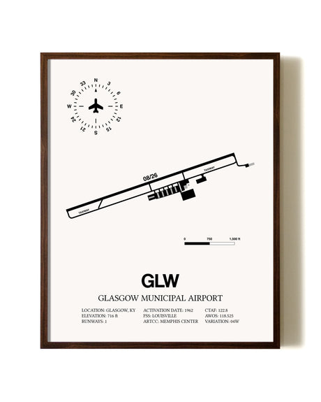Glasgow Municipal Airport aviation print in walnut frame