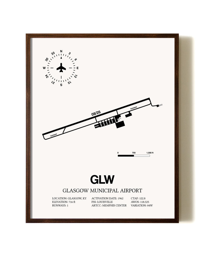 Glasgow Municipal Airport aviation print in walnut frame