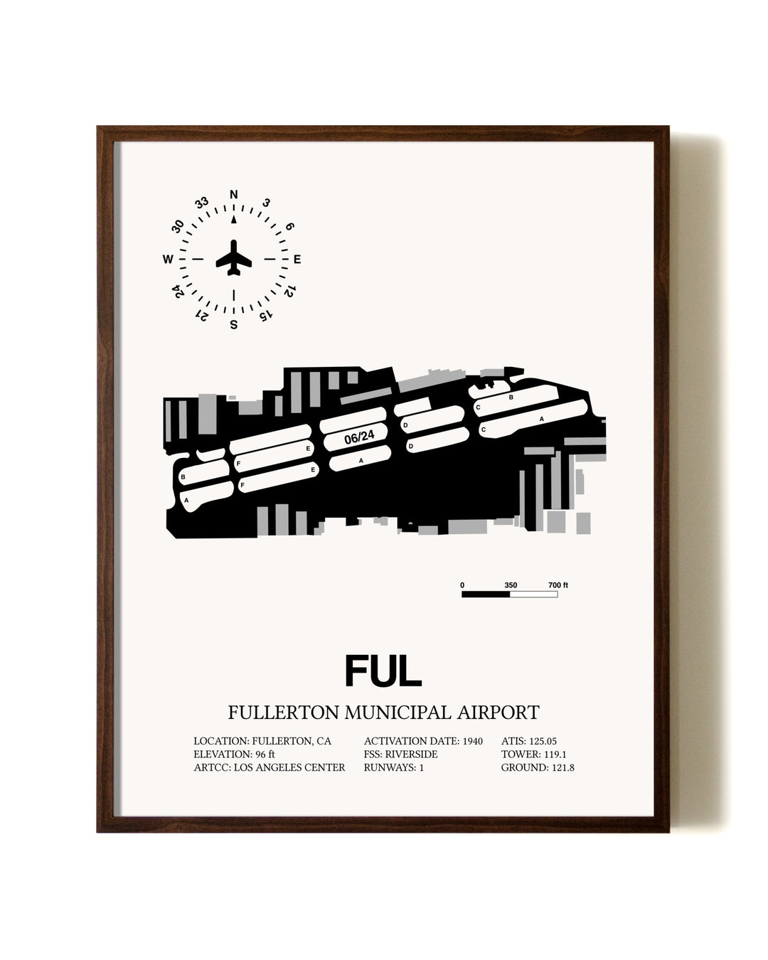 Fullerton Municipal Airport aviation print in walnut frame