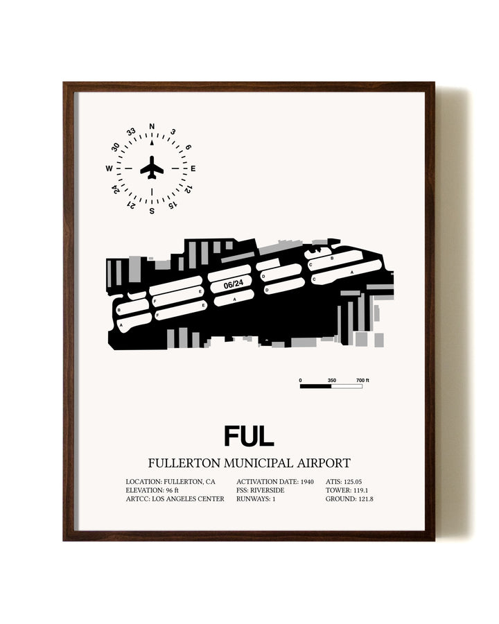 Fullerton Municipal Airport aviation print in walnut frame