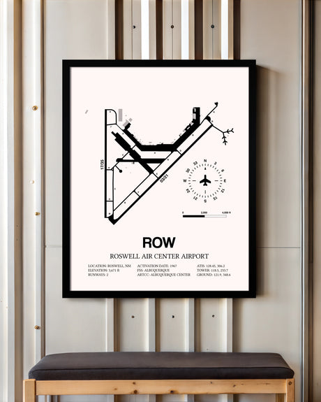 Roswell Air Center Airport framed poster displayed in an airplane hangar