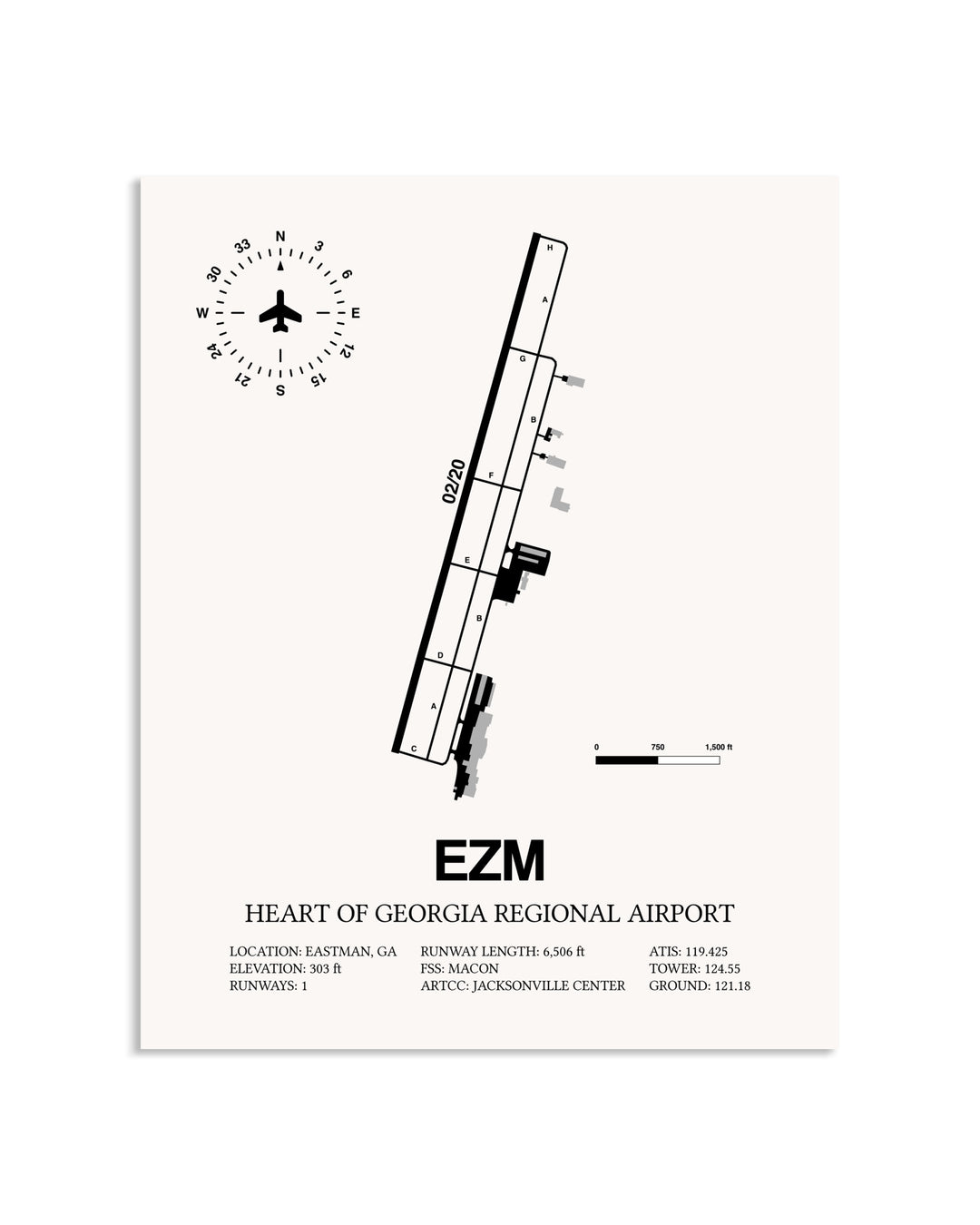 Gray Heart Of Georgia Regional Airport framed poster displayed in an airplane hangar