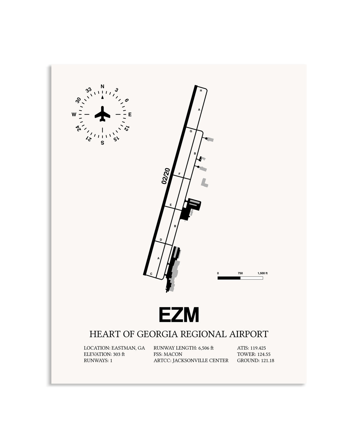 Gray Heart Of Georgia Regional Airport framed poster displayed in an airplane hangar