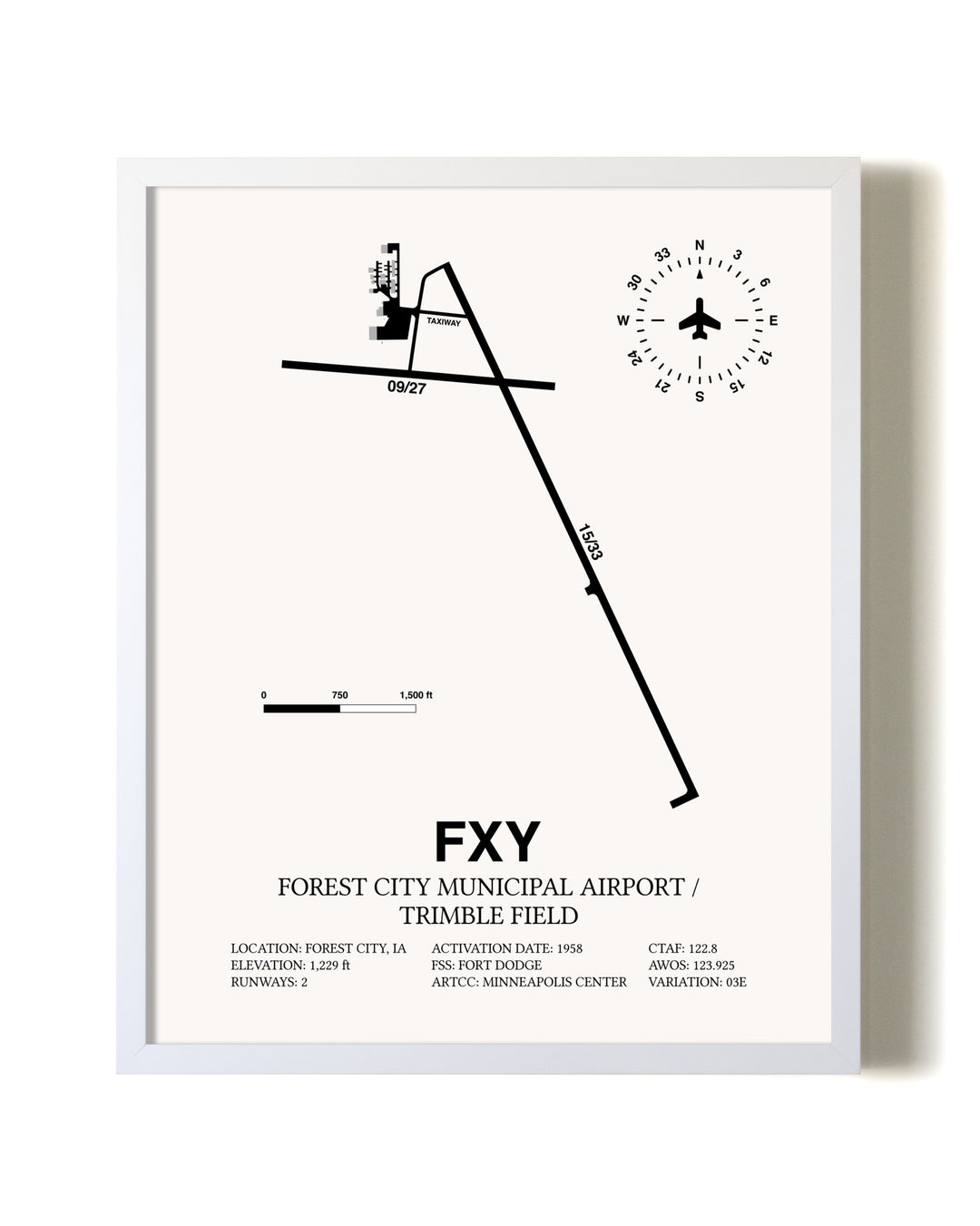 Forest City Municipal Airport / Trimble Field airport map poster in oak frame