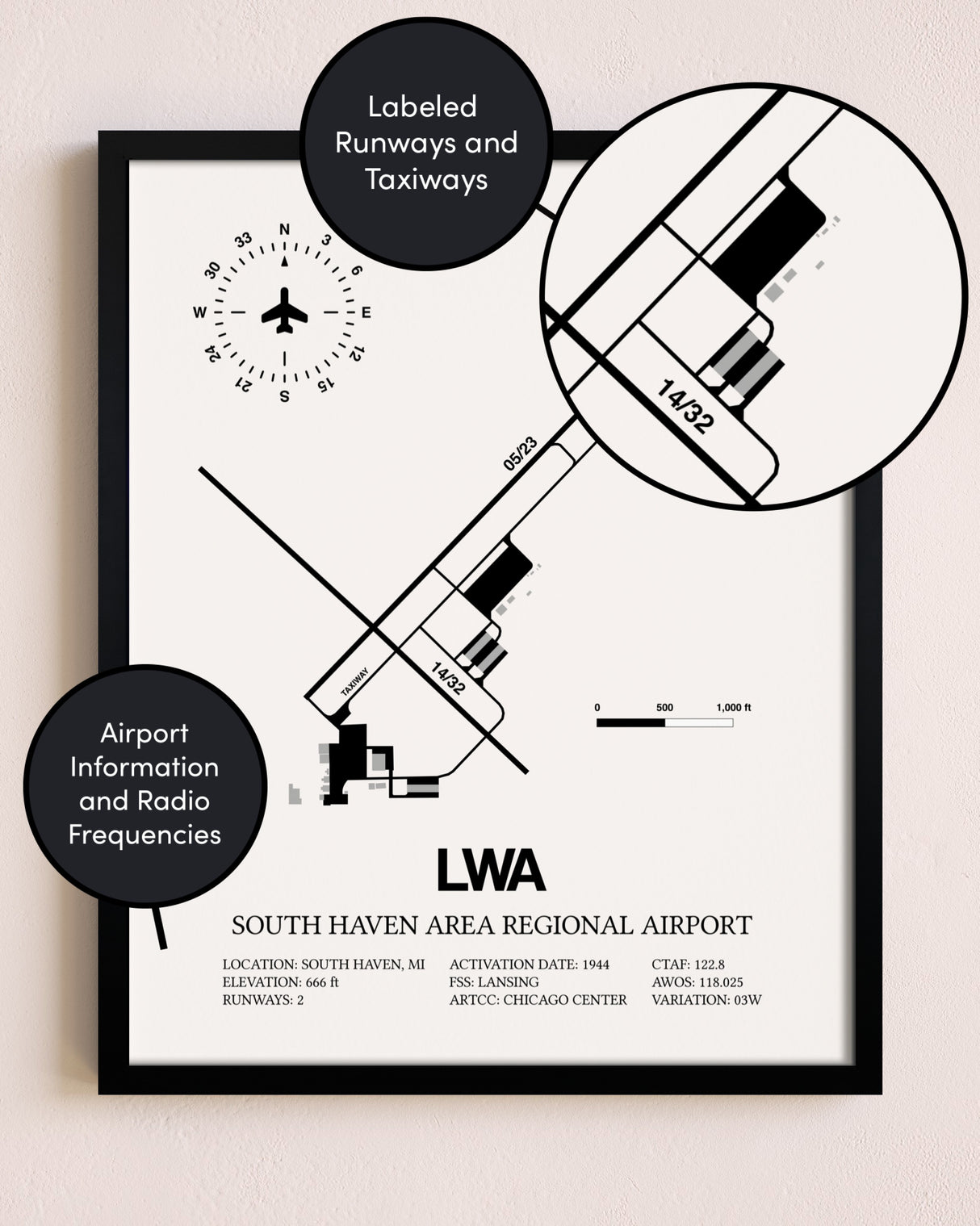 Framed South Haven Area Regional Airport layout wall art poster