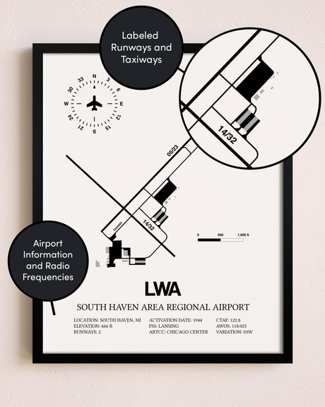 Framed South Haven Area Regional Airport layout wall art poster