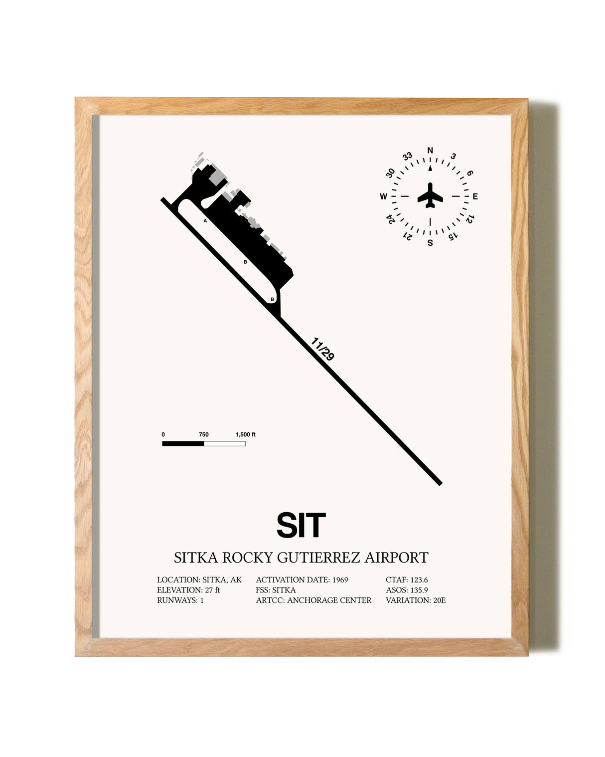 Sitka Rocky Gutierrez Airport framed print in natural wood frame