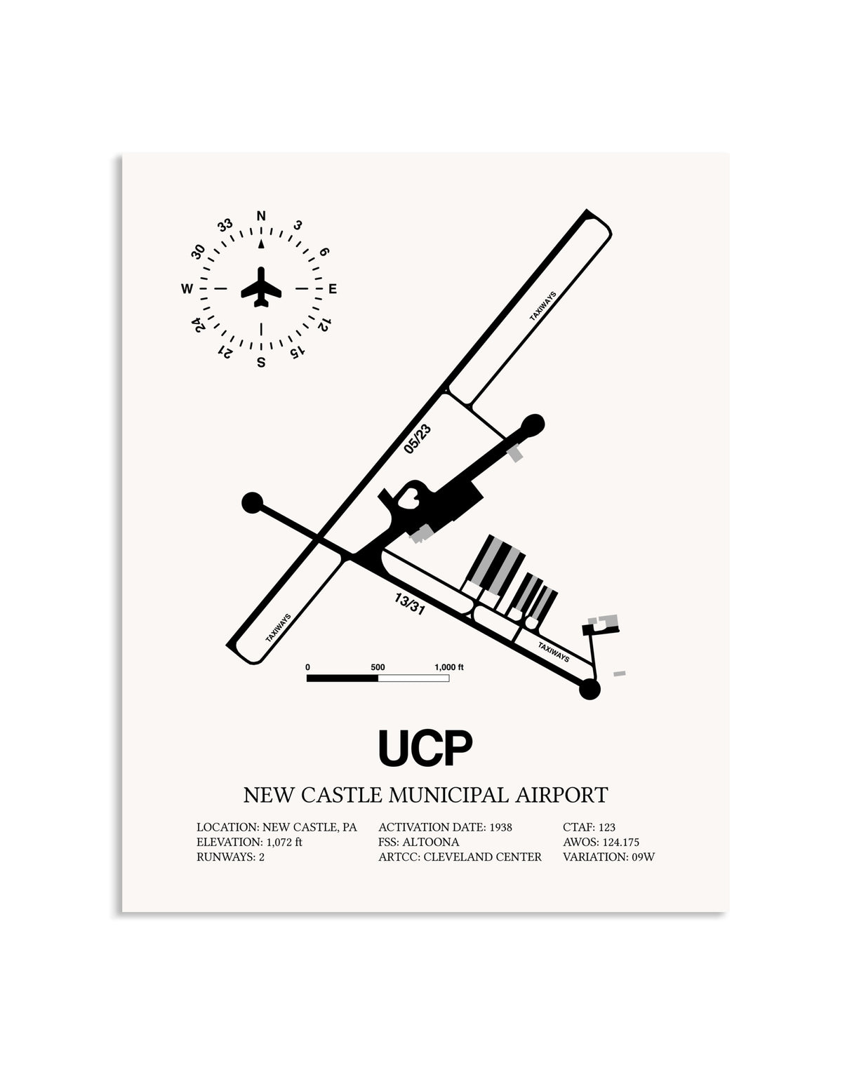 Gray New Castle Municipal Airport framed poster displayed in an airplane hangar