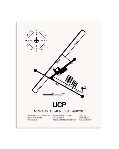 Gray New Castle Municipal Airport framed poster displayed in an airplane hangar