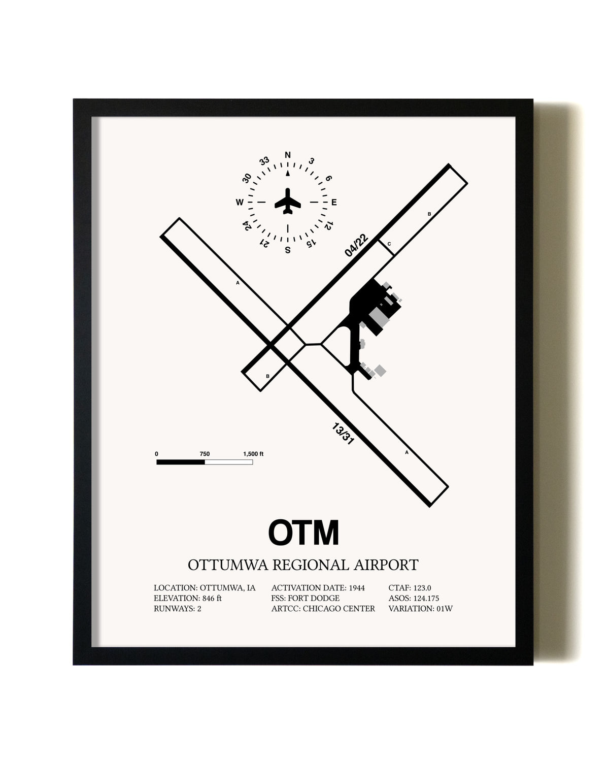 Framed Ottumwa Regional Airport wall art poster in black frame