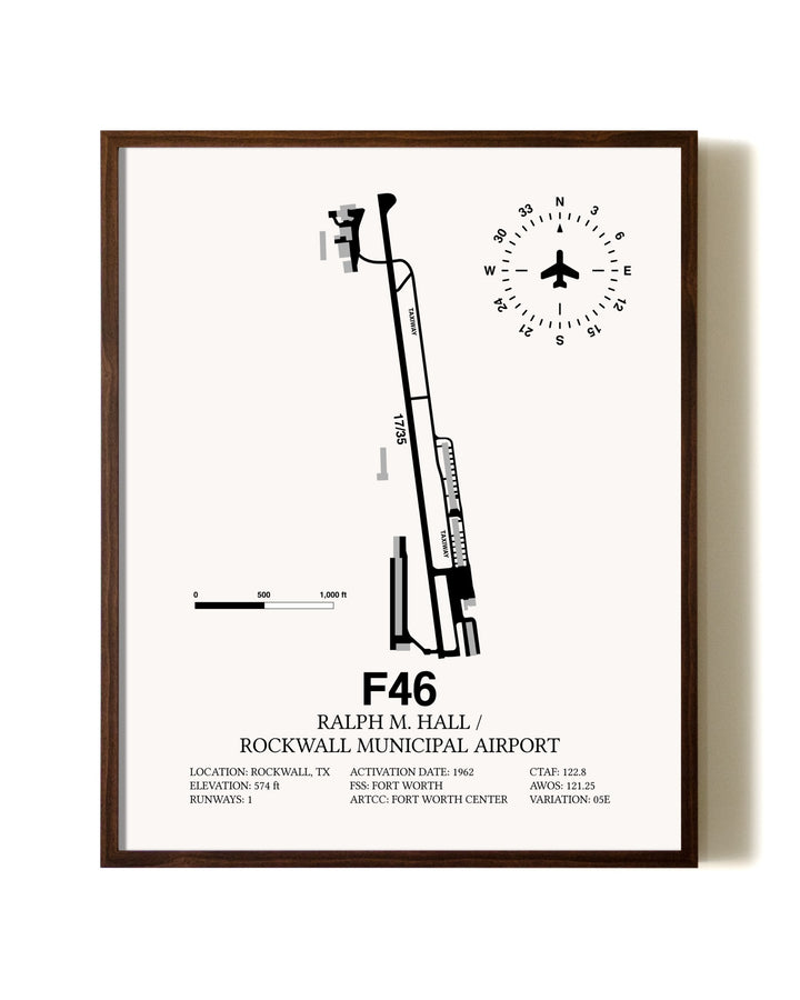 Ralph M. Hall / Rockwall Municipal Airport aviation print in walnut frame