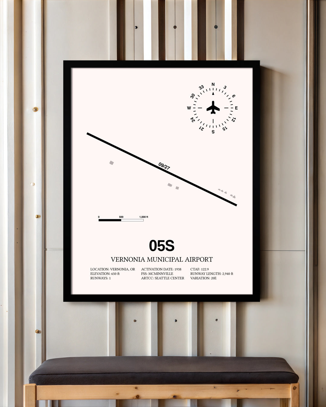 Vernonia Municipal Airport framed poster displayed in an airplane hangar