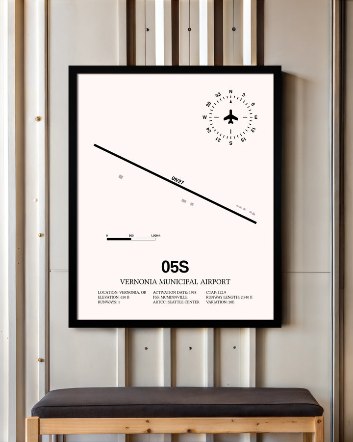 Vernonia Municipal Airport framed poster displayed in an airplane hangar