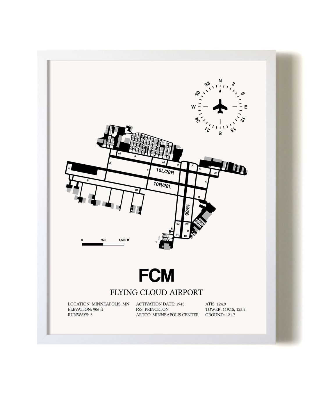 Flying Cloud Airport airport map poster in oak frame