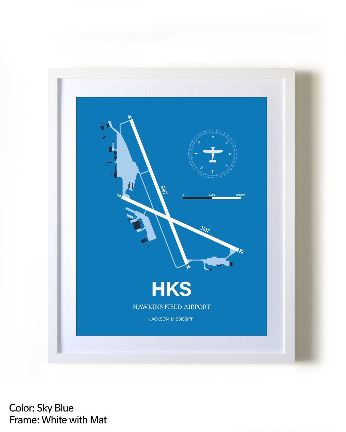 Hawkins Field Airport framed wall art in white frame with mat