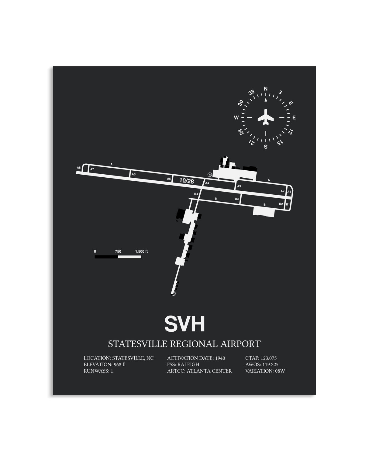 Gray Framed Statesville Regional Airport layout wall art poster