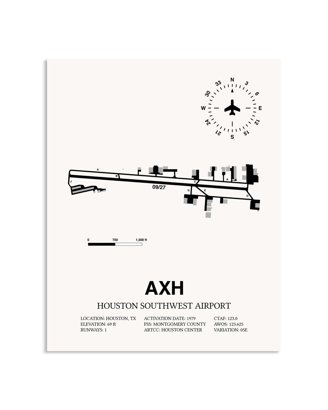 Gray Houston Southwest Airport framed poster displayed in an airplane hangar