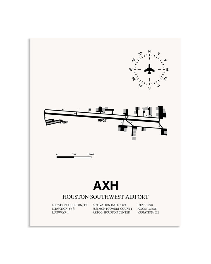 Gray Houston Southwest Airport framed poster displayed in an airplane hangar