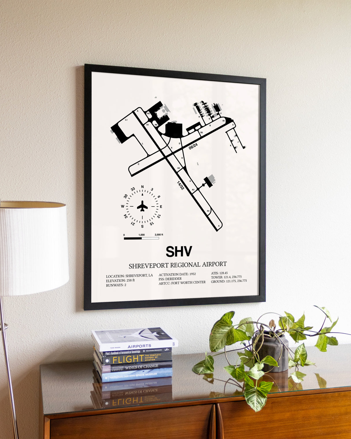 Shreveport Regional Airport aviation wall décor in black wood frame