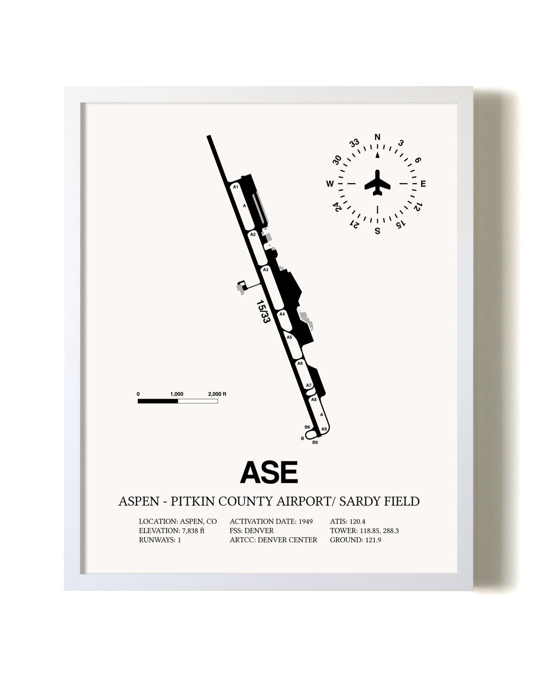 Aspen-Pitkin County Airport / Sardy Field airport map poster in oak frame