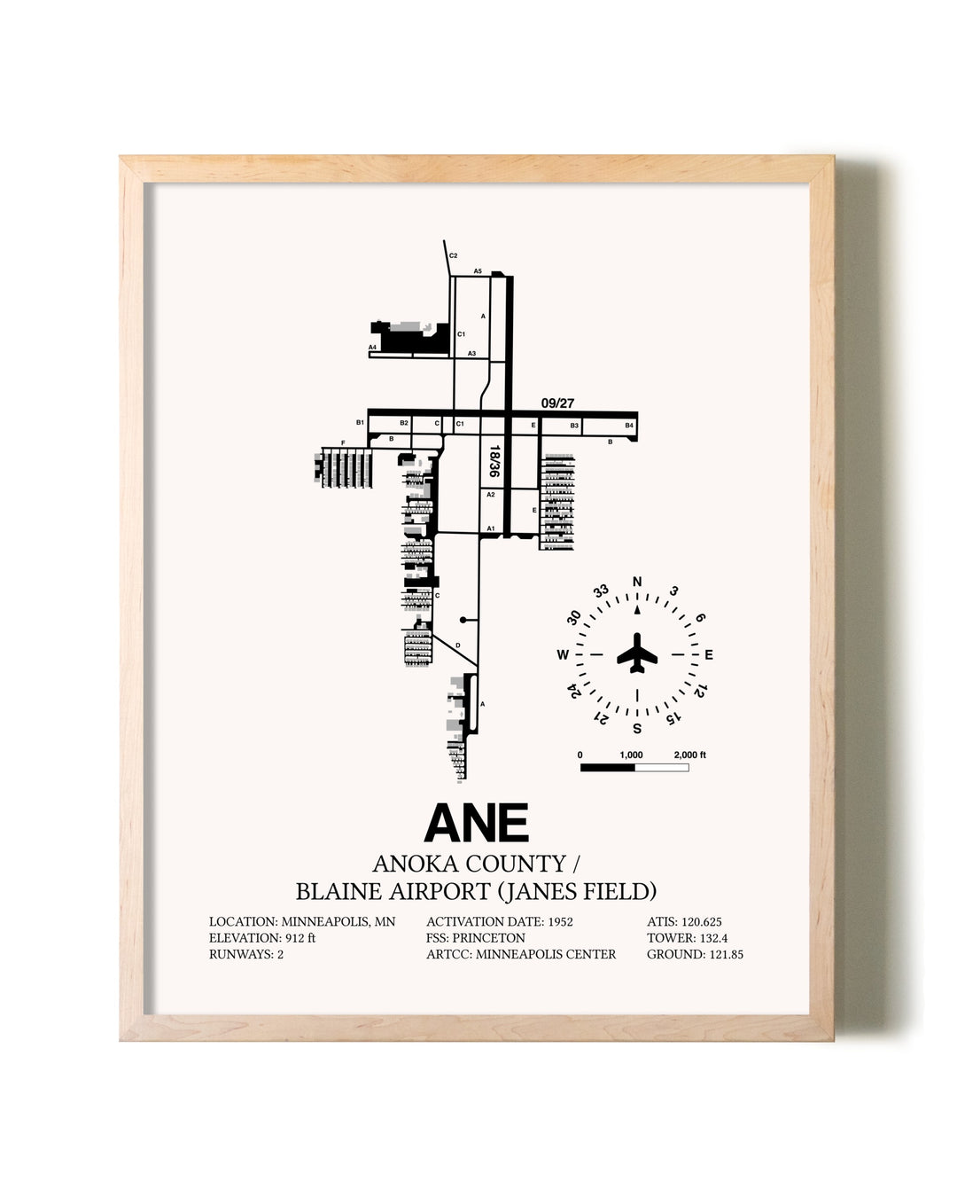 Anoka County/Blaine Airport (Janes Field) framed wall art in white frame