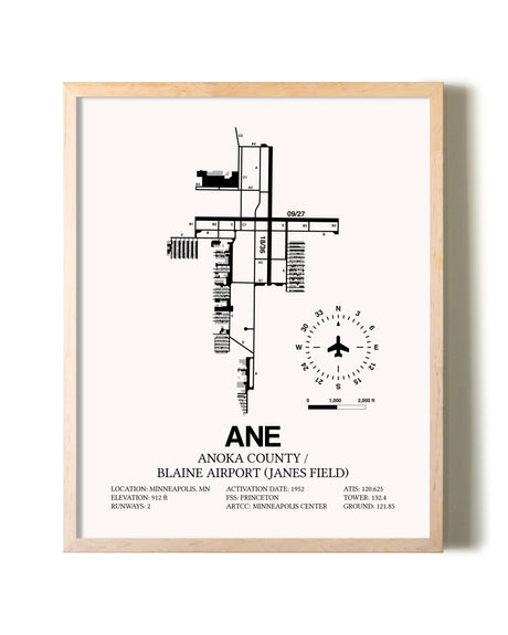 Anoka County/Blaine Airport (Janes Field) framed wall art in white frame