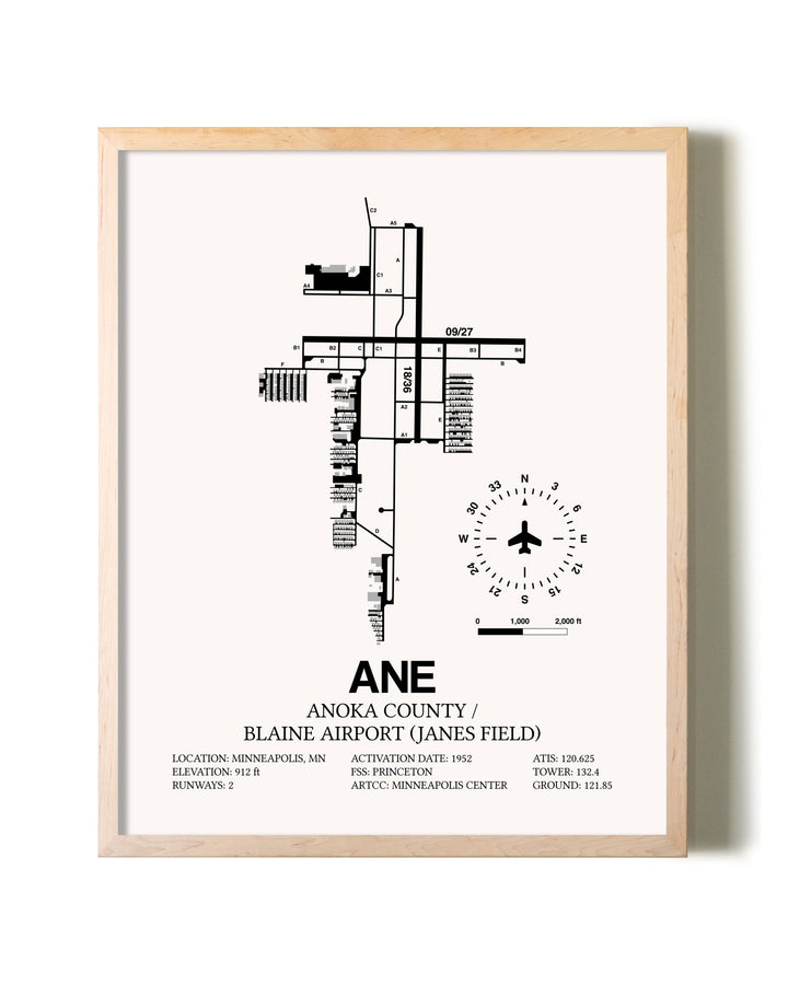 Anoka County/Blaine Airport (Janes Field) framed wall art in white frame