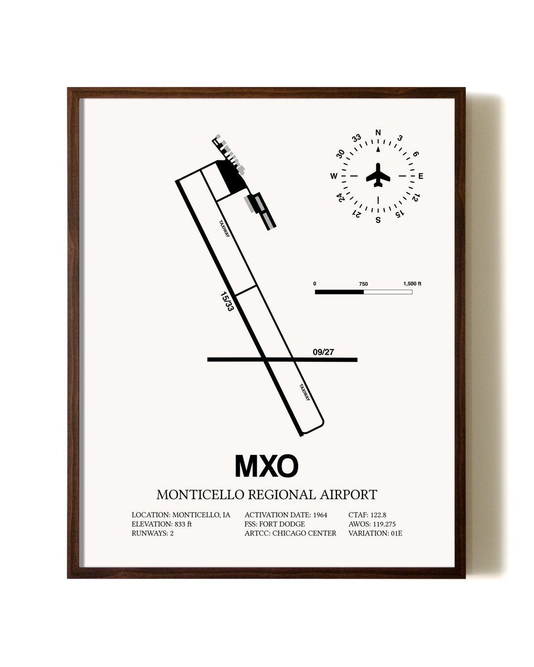 Monticello Regional Airport aviation print in walnut frame