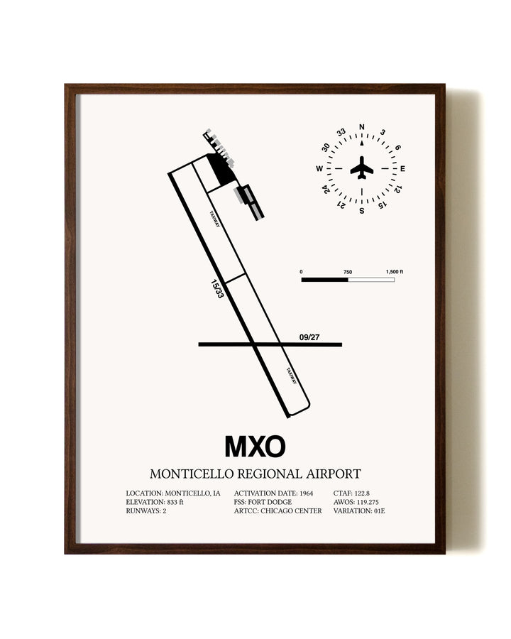 Monticello Regional Airport aviation print in walnut frame