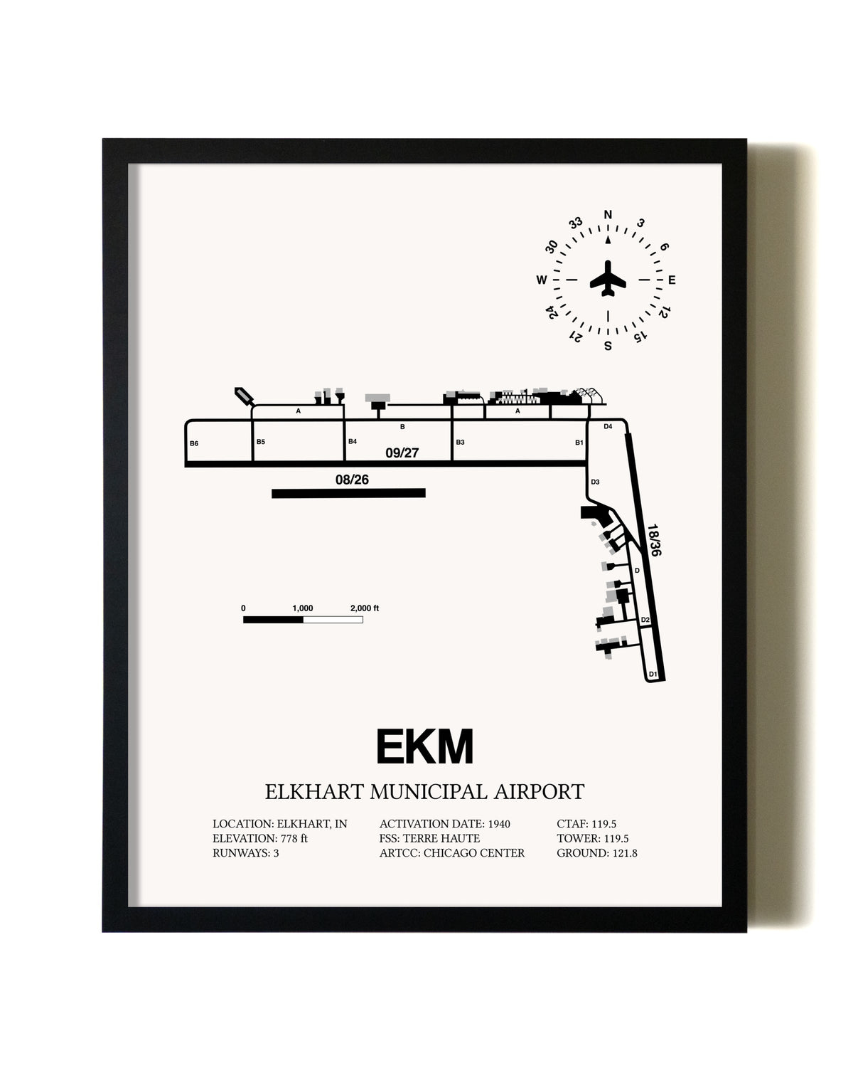 Framed Elkhart Municipal Airport wall art poster in black frame