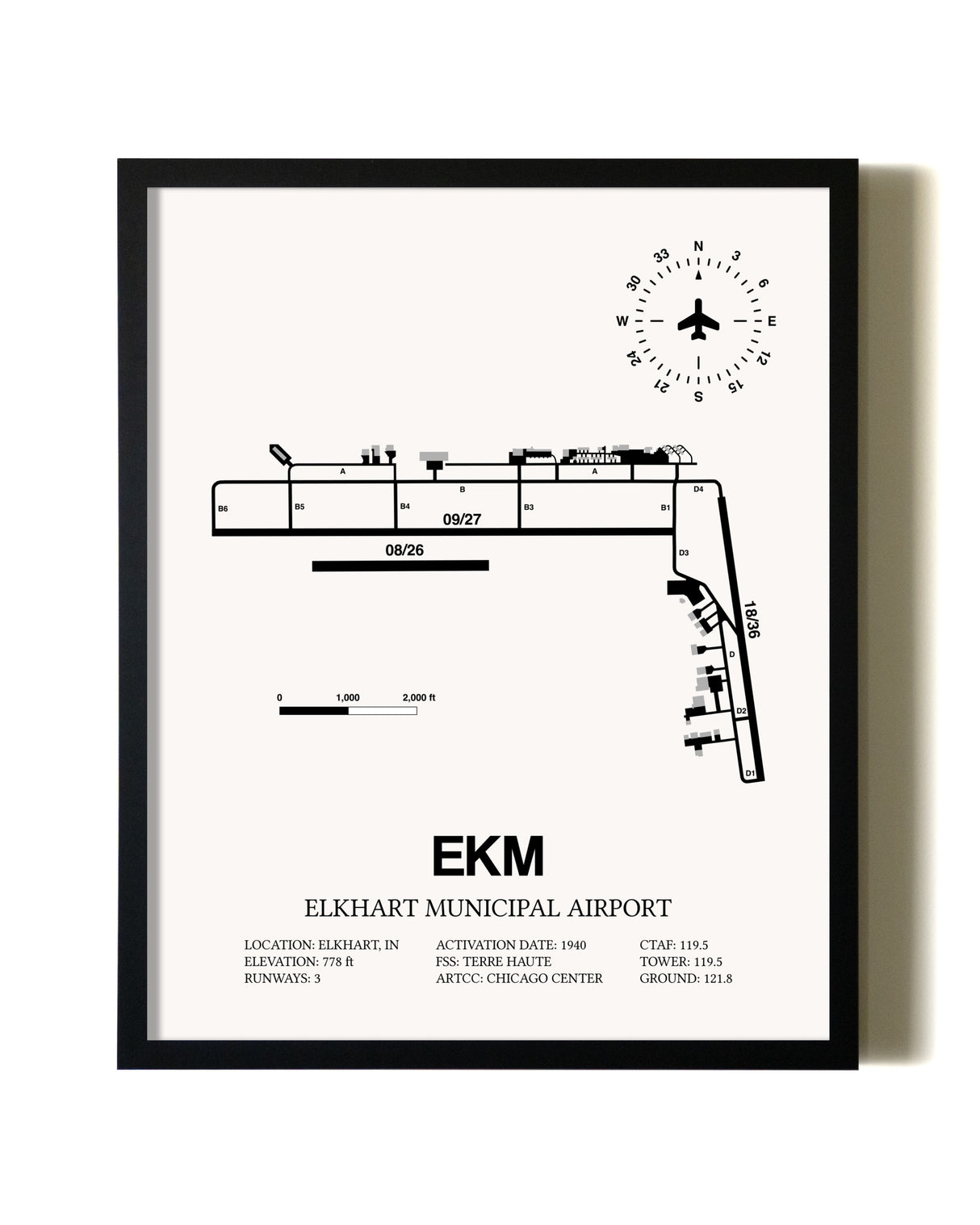 Framed Elkhart Municipal Airport wall art poster in black frame