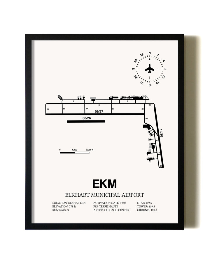 Framed Elkhart Municipal Airport wall art poster in black frame