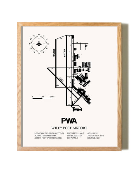 Wiley Post Airport framed print in natural wood frame
