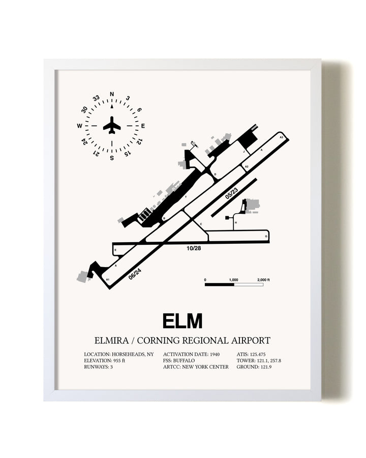Elmira / Corning Regional Airport airport map poster in oak frame