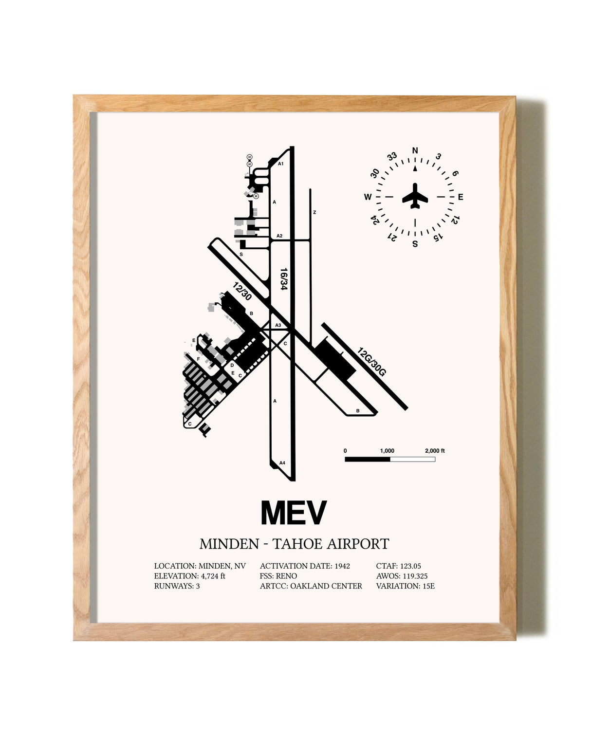 Minden-Tahoe Airport framed print in natural wood frame