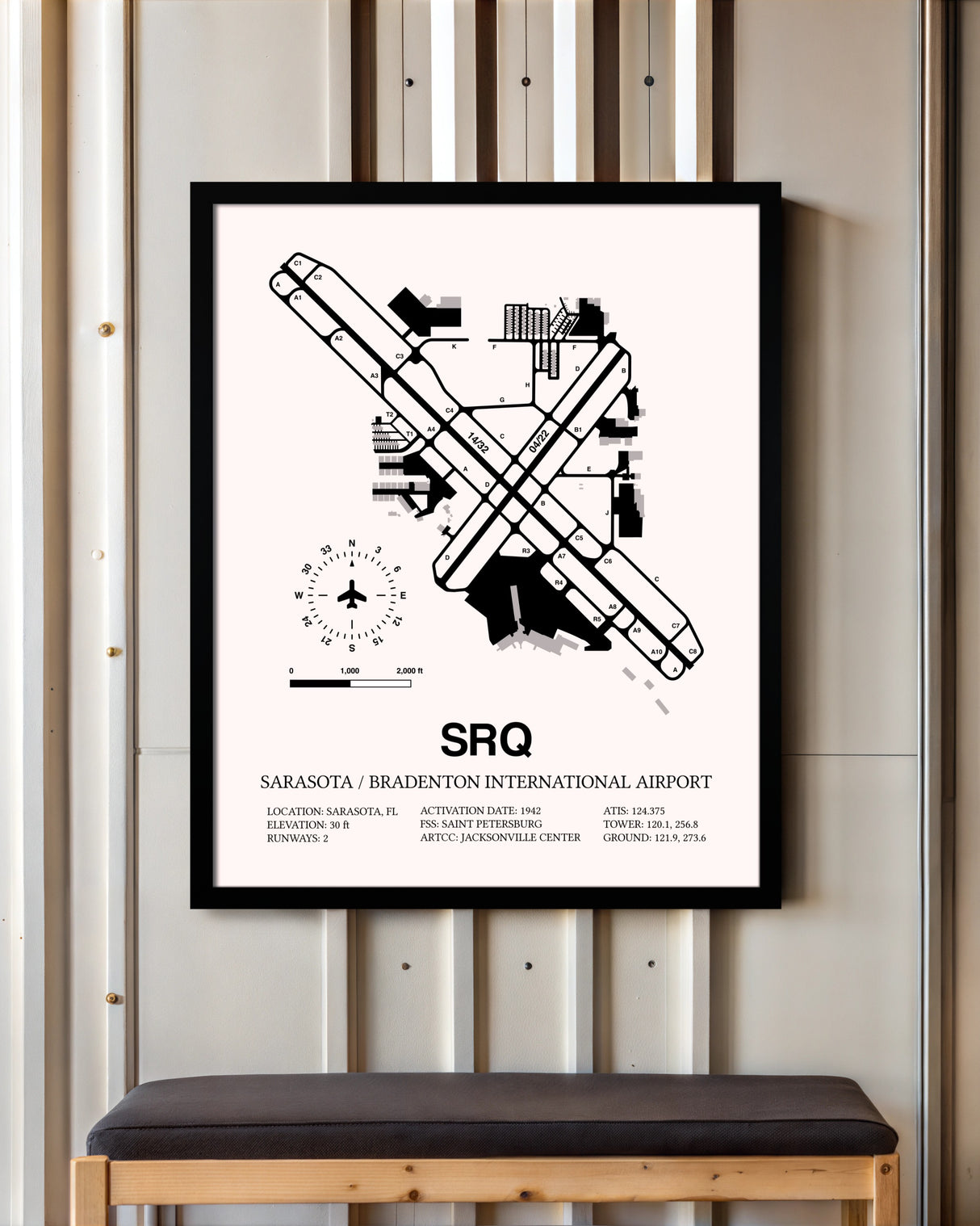 Sarasota / Bradenton International Airport framed poster displayed in an airplane hangar
