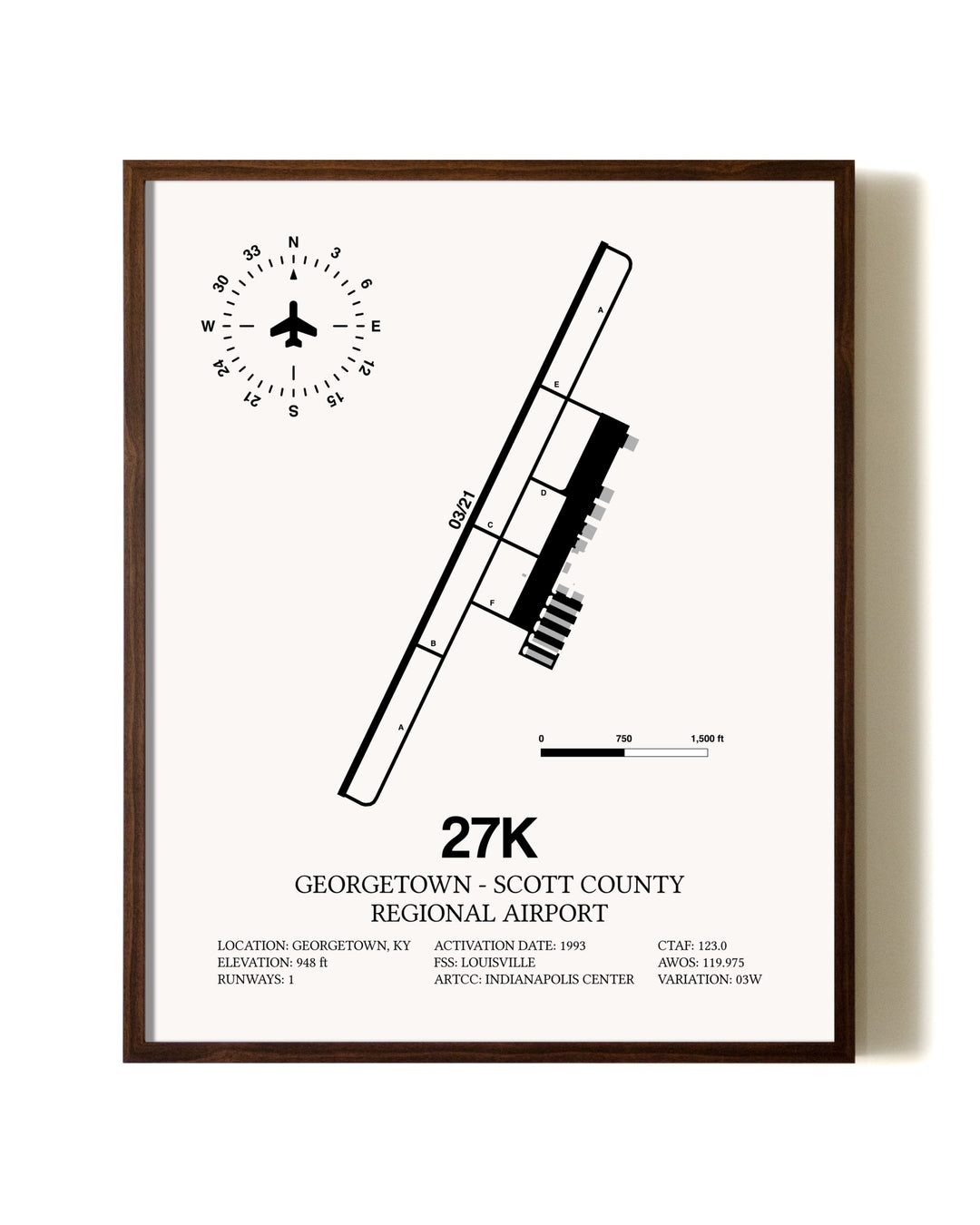 Georgetown - Scott County Regional Airport aviation print in walnut frame