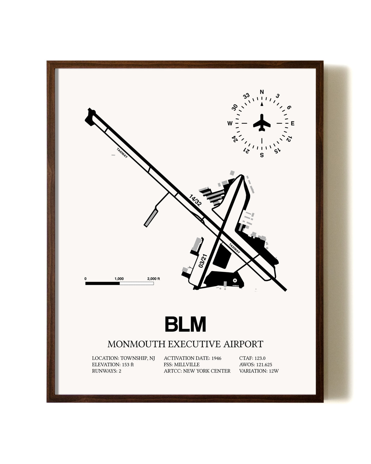 Monmouth Executive Airport aviation print in walnut frame