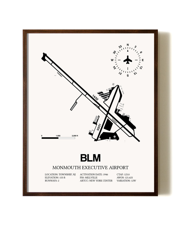 Monmouth Executive Airport aviation print in walnut frame