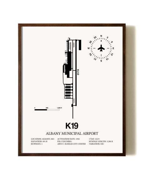 Albany Municipal Airport aviation print in walnut frame